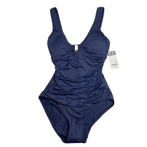 Lauren Ralph Lauren Shirred Ring-Front One-Piece Dark Navy Size 6 New